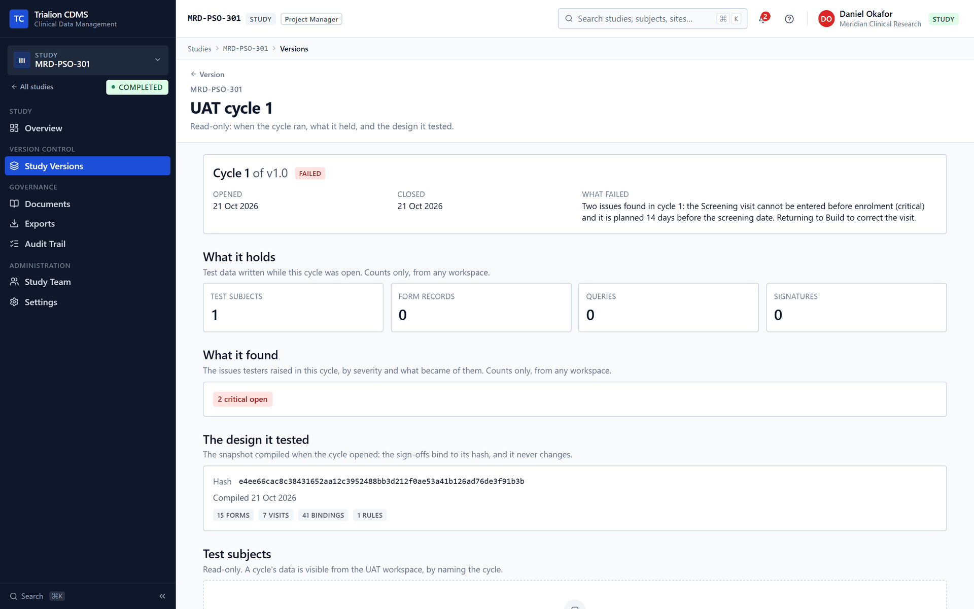 The summary of cycle 1 of version 1.0, reached from the version page.