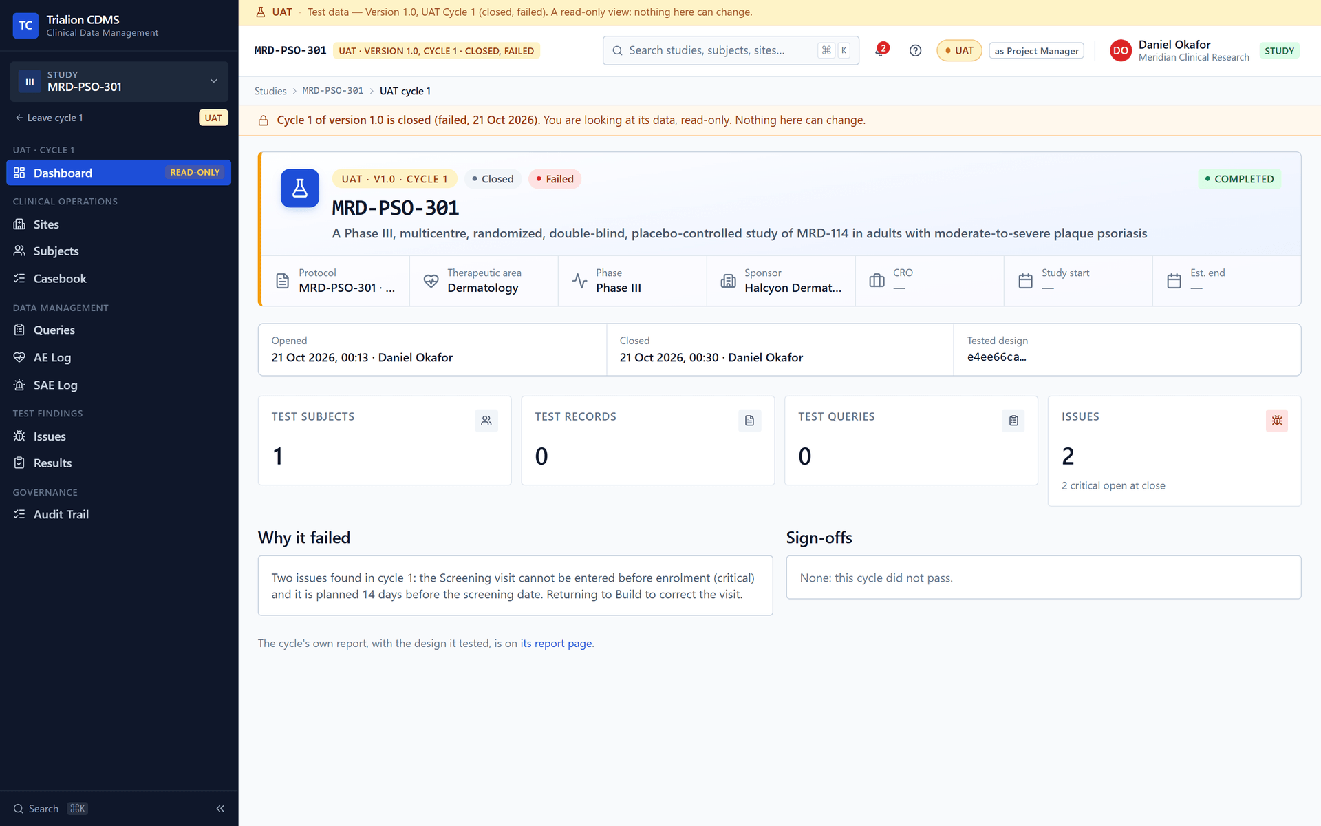 A closed UAT cycle that failed, version 1.0 cycle 1: the landing page with its outcome and the reason it was closed.