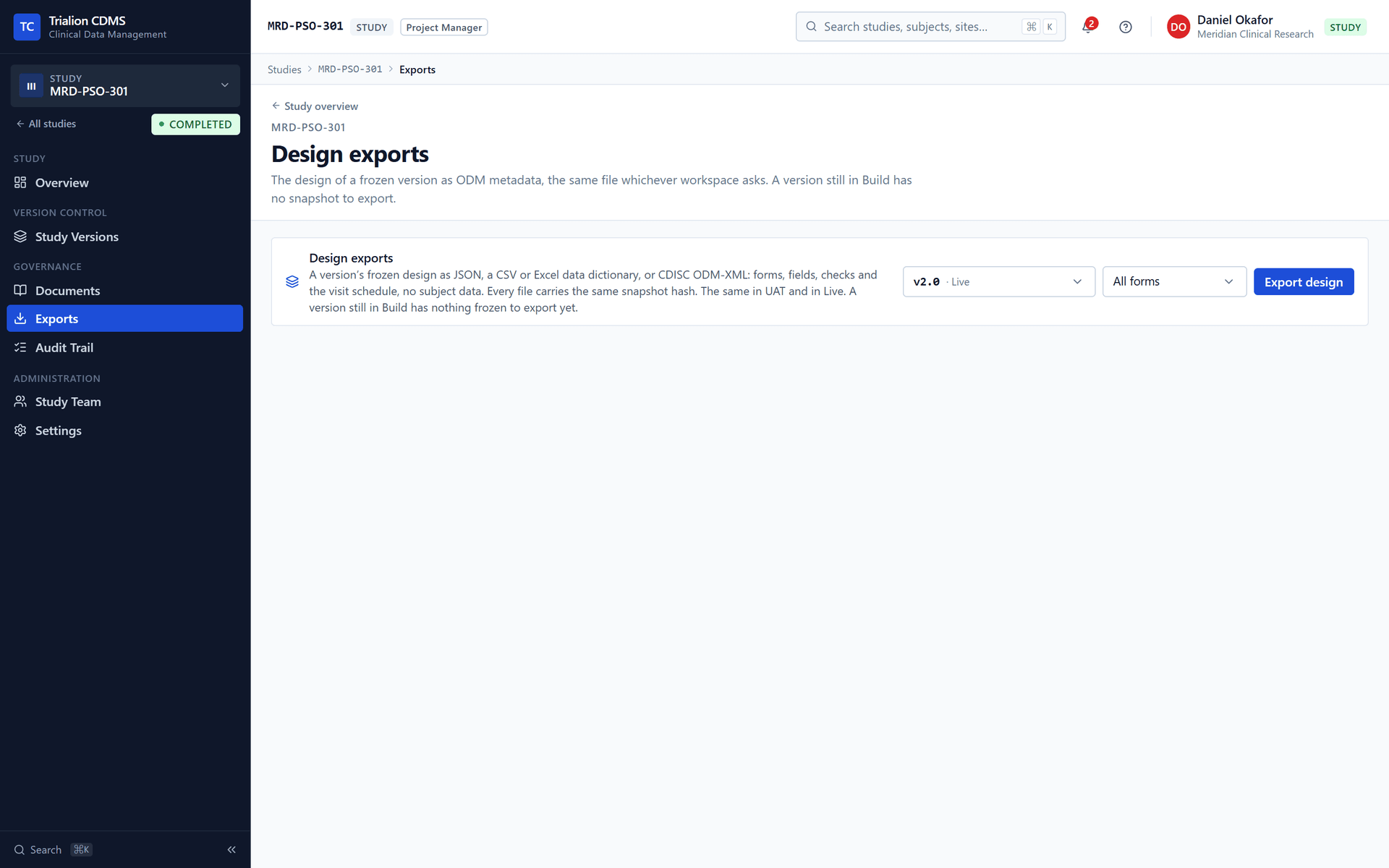 The study-level Design exports page: a version, a form filter and Export design, for the frozen design as JSON, a data dictionary or ODM-XML, with no subject data.