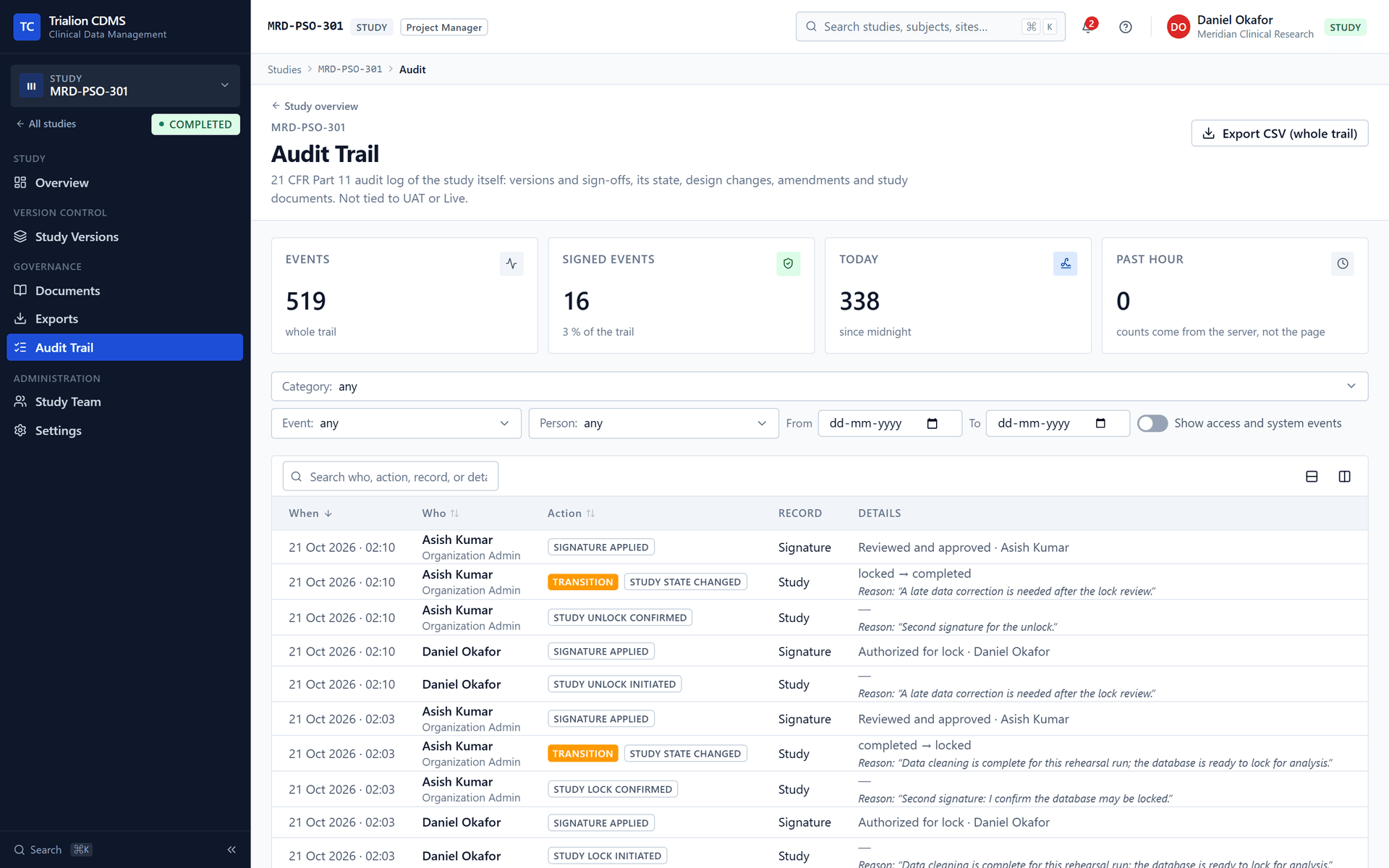 The study-level audit trail: the events of the study itself (versions, sign-offs, state changes, design changes, amendments, documents), with the lock and unlock signatures and Export CSV.