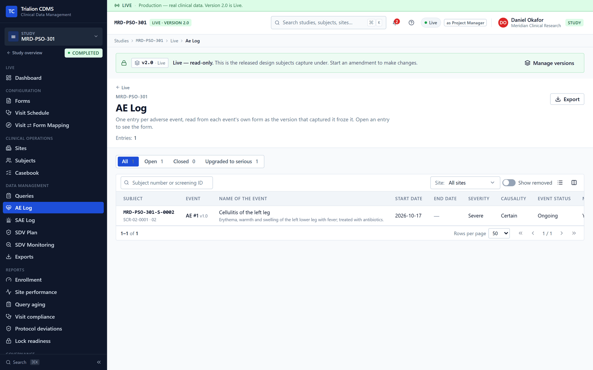 The adverse event log of the Live workspace: one entry per event, with the tabs All, Open, Closed and Upgraded to serious, a site filter and Export.