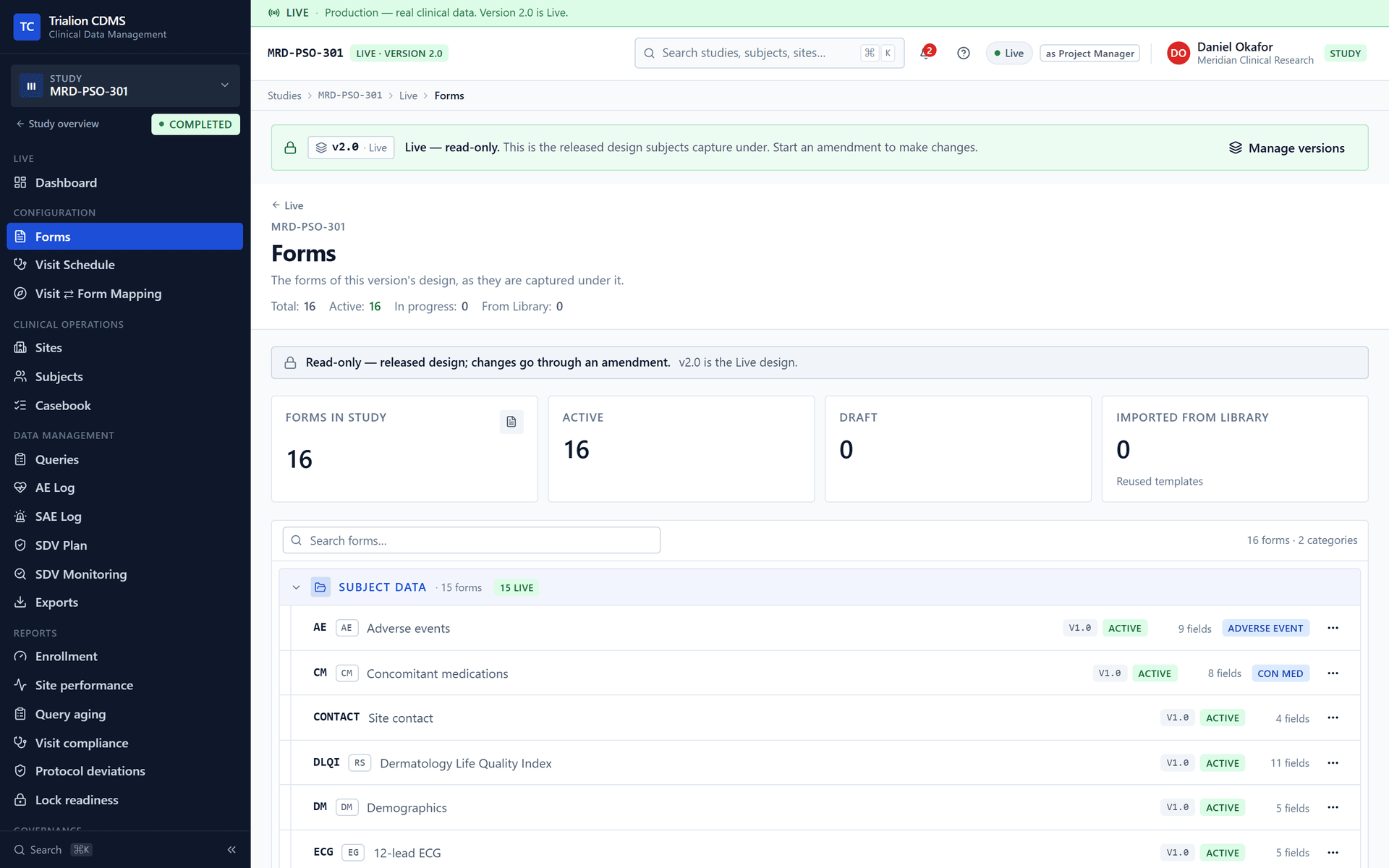 The forms of the released design in the Live workspace, read-only, grouped by category with their version, status and number of fields.