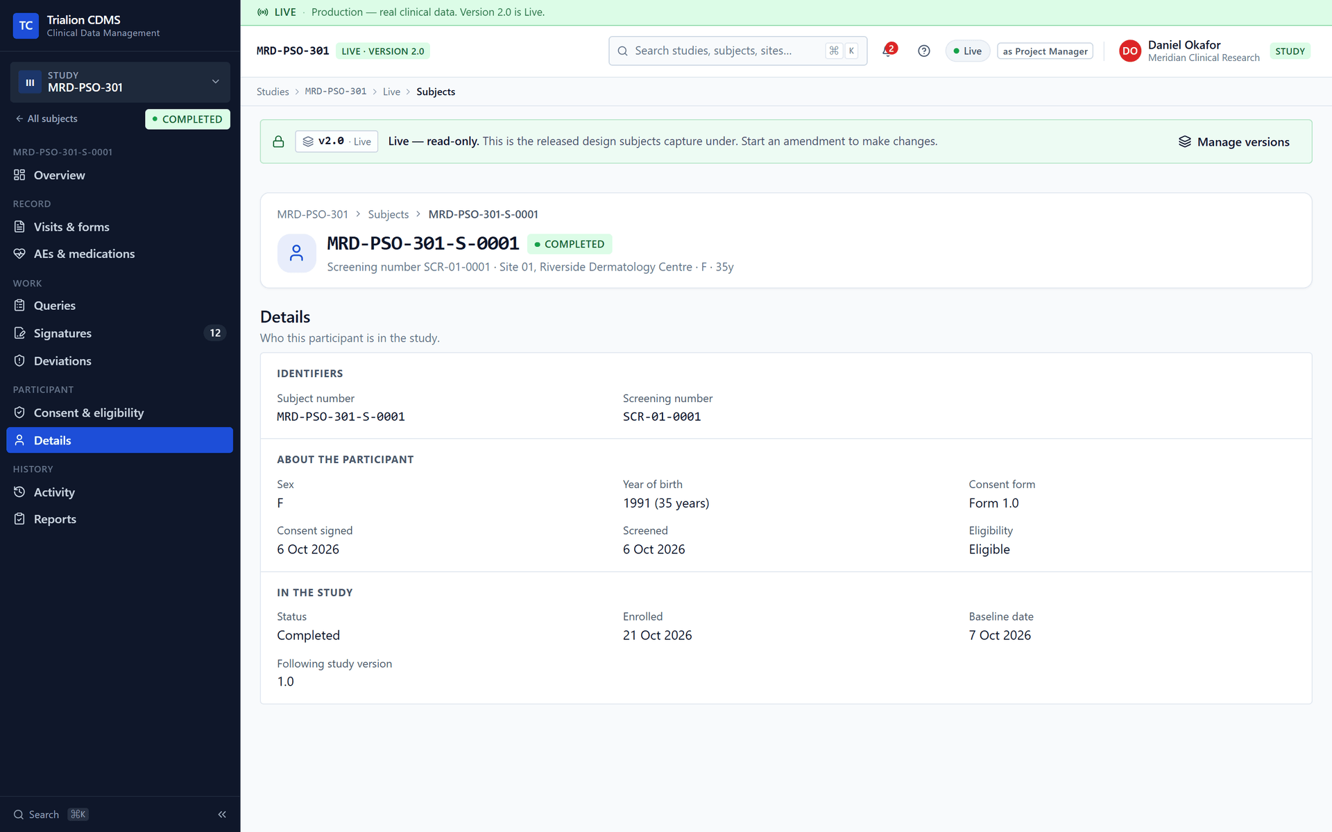 The Details tab of a participant: the identifiers, what is known about the participant and where they stand in the study.