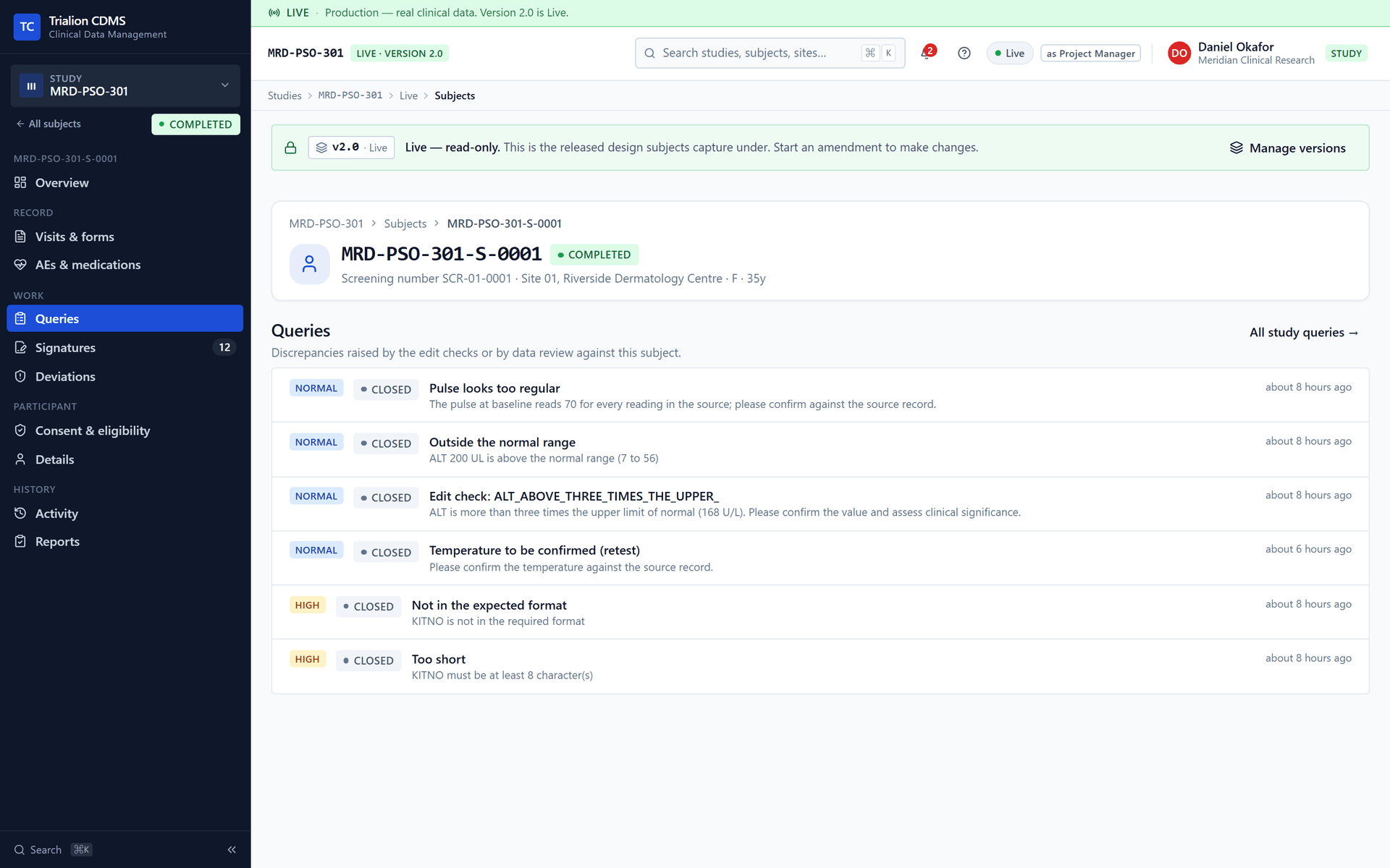 The Queries tab of a participant: the queries raised against this participant, with their priority and status.