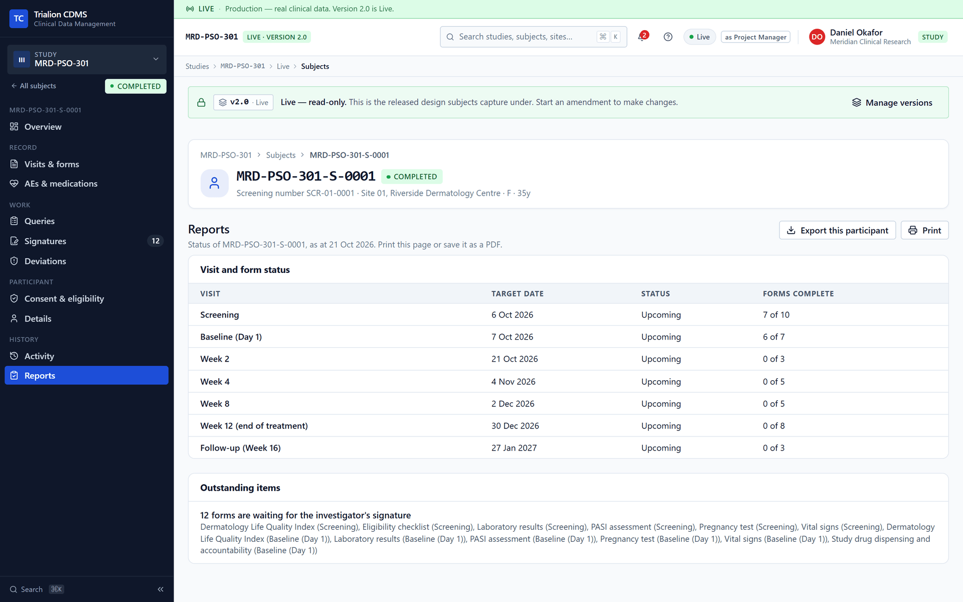 A participant's Reports page: the status of every visit and form and the outstanding items, with Export this participant and Print.