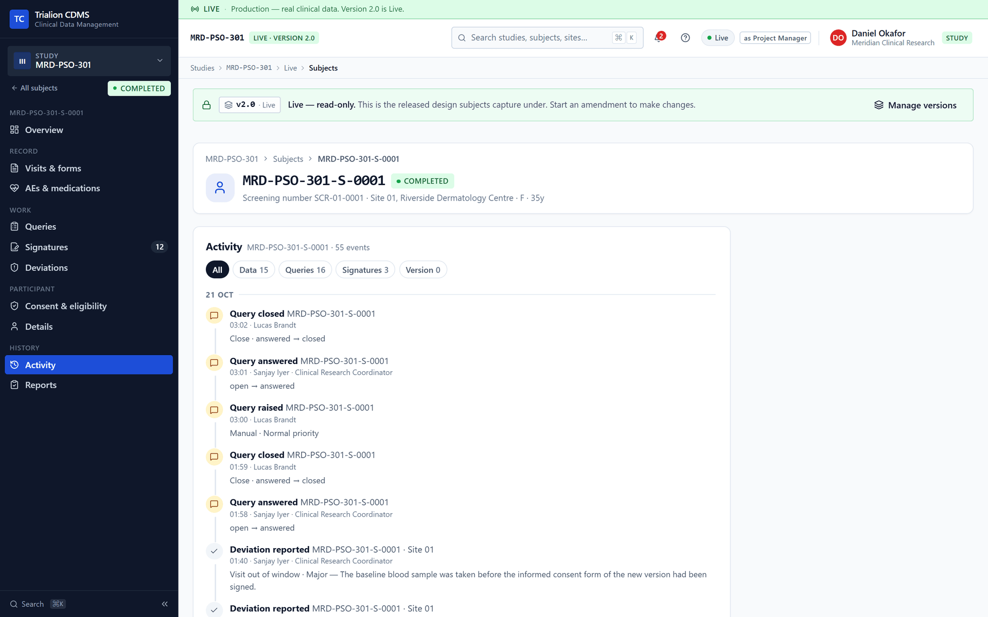 The Activity tab of a participant: the events of the participant's record, with the tabs All, Data, Queries, Signatures and Version.