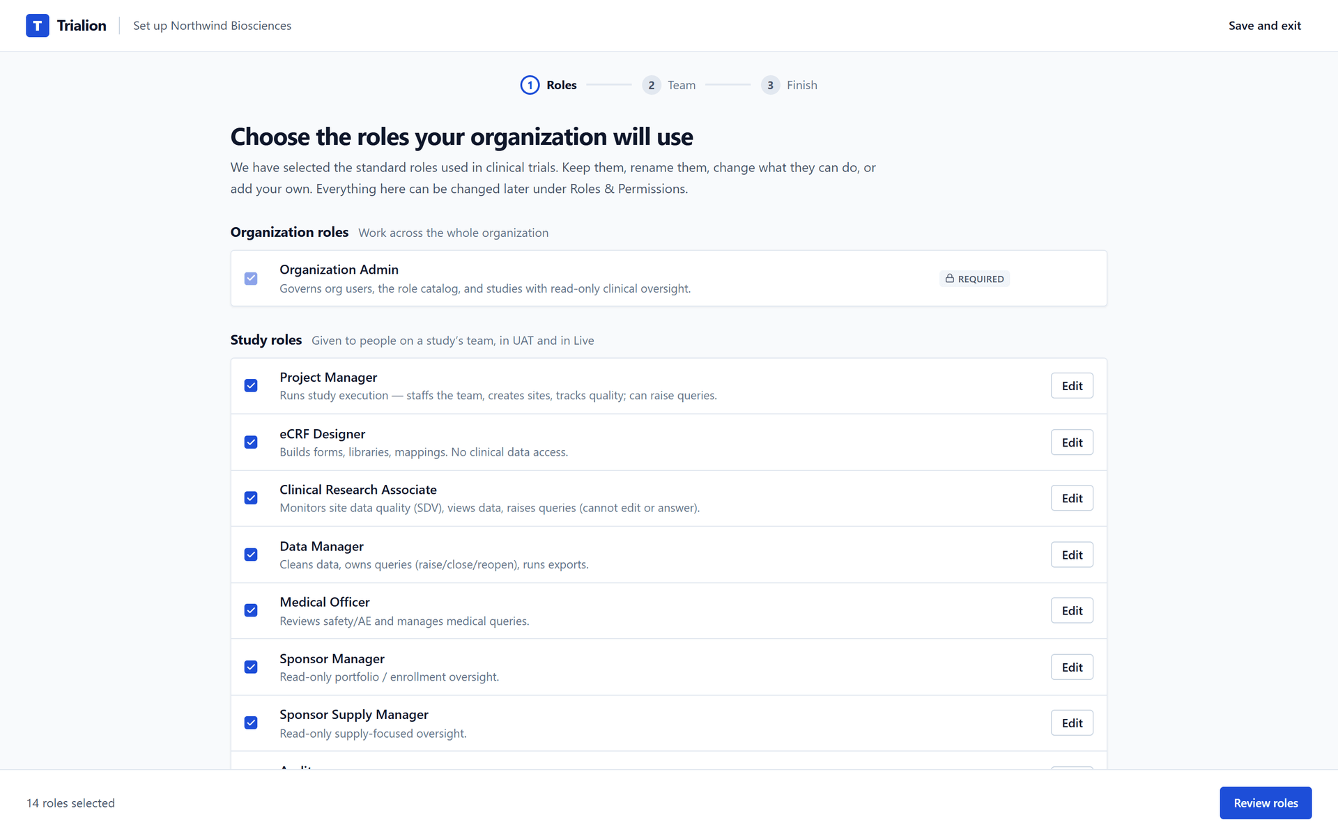Setup step 1 of 3: the roles the organization will use. The Organization Admin is required, the standard roles are ticked, each can be edited, and the footer counts the roles.