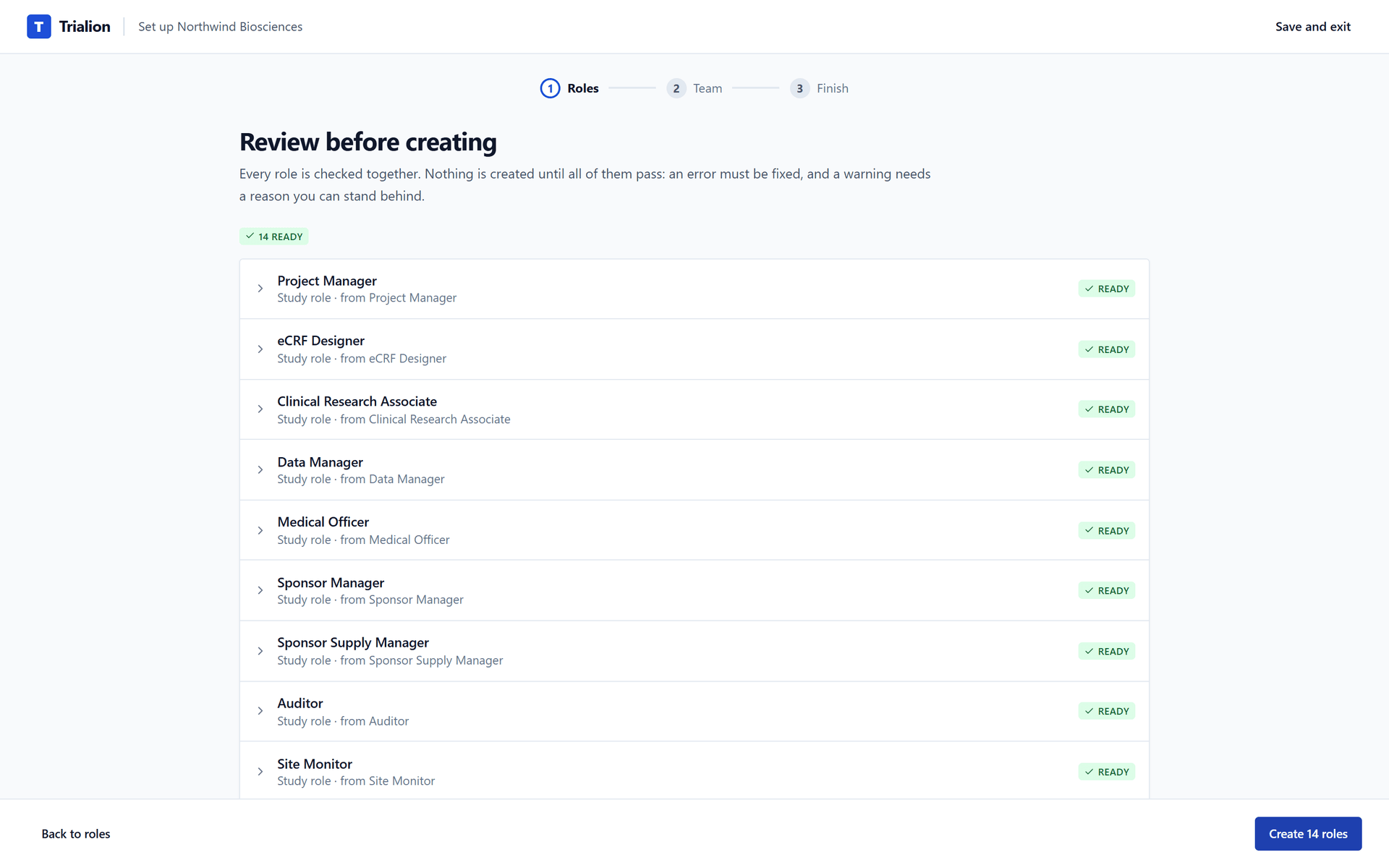 The review of the chosen roles before they are created.