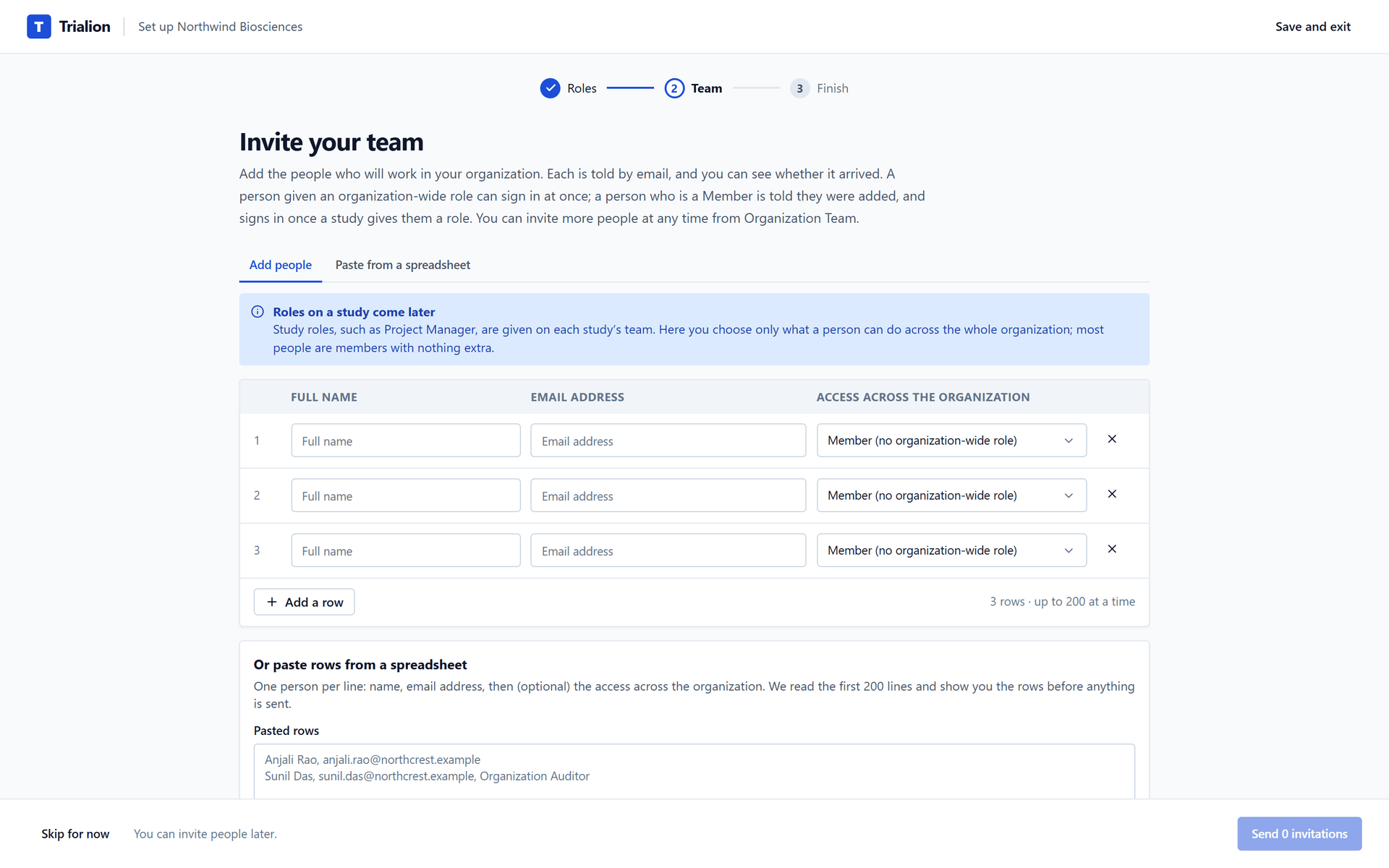 Setup step 2 of 3: invite the team once the roles exist.