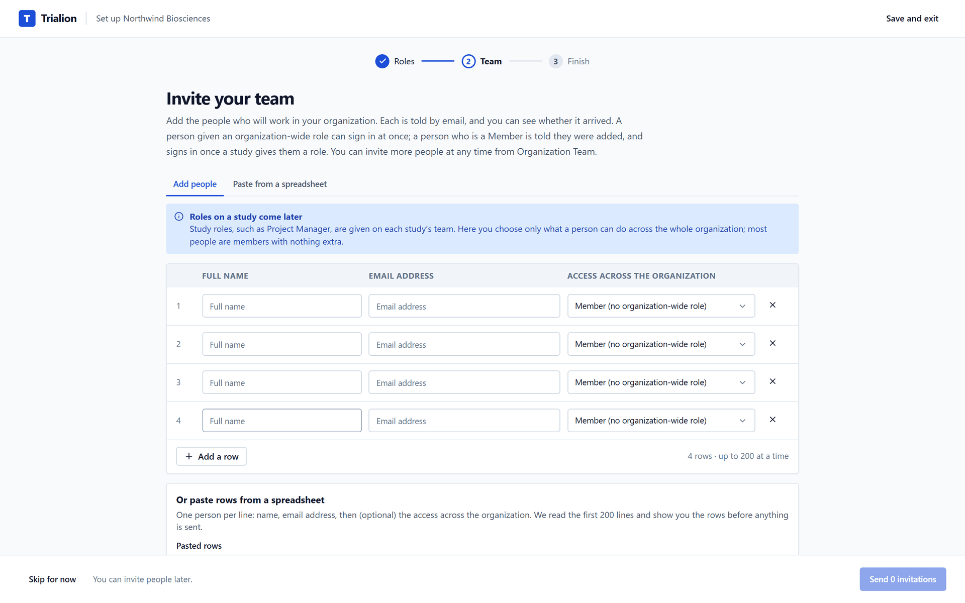 The row for one person to invite in the setup: name, address and role.