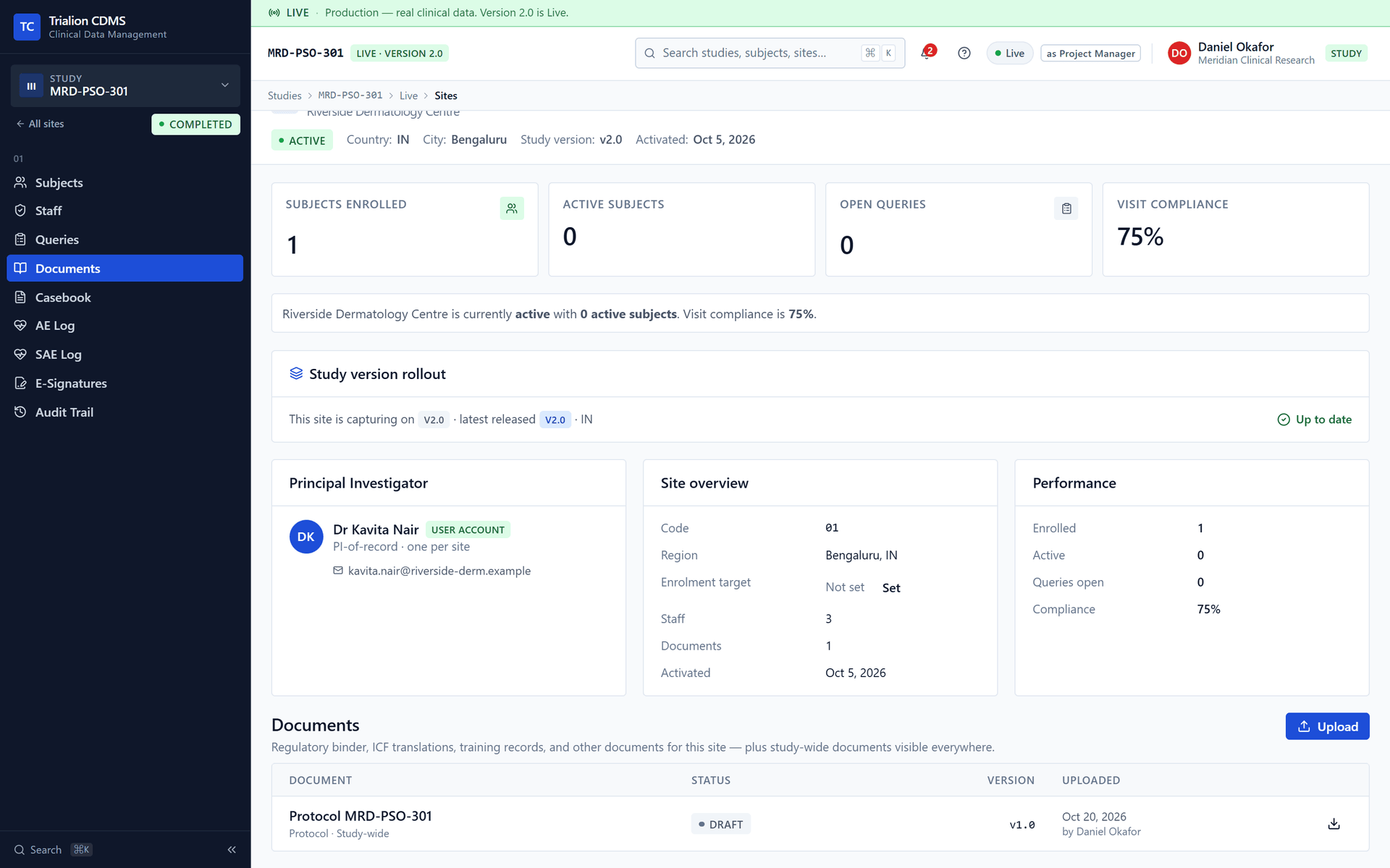The documents of a Live site: the site's own documents and the study-wide ones, with their status, version and upload date, and an Upload button.