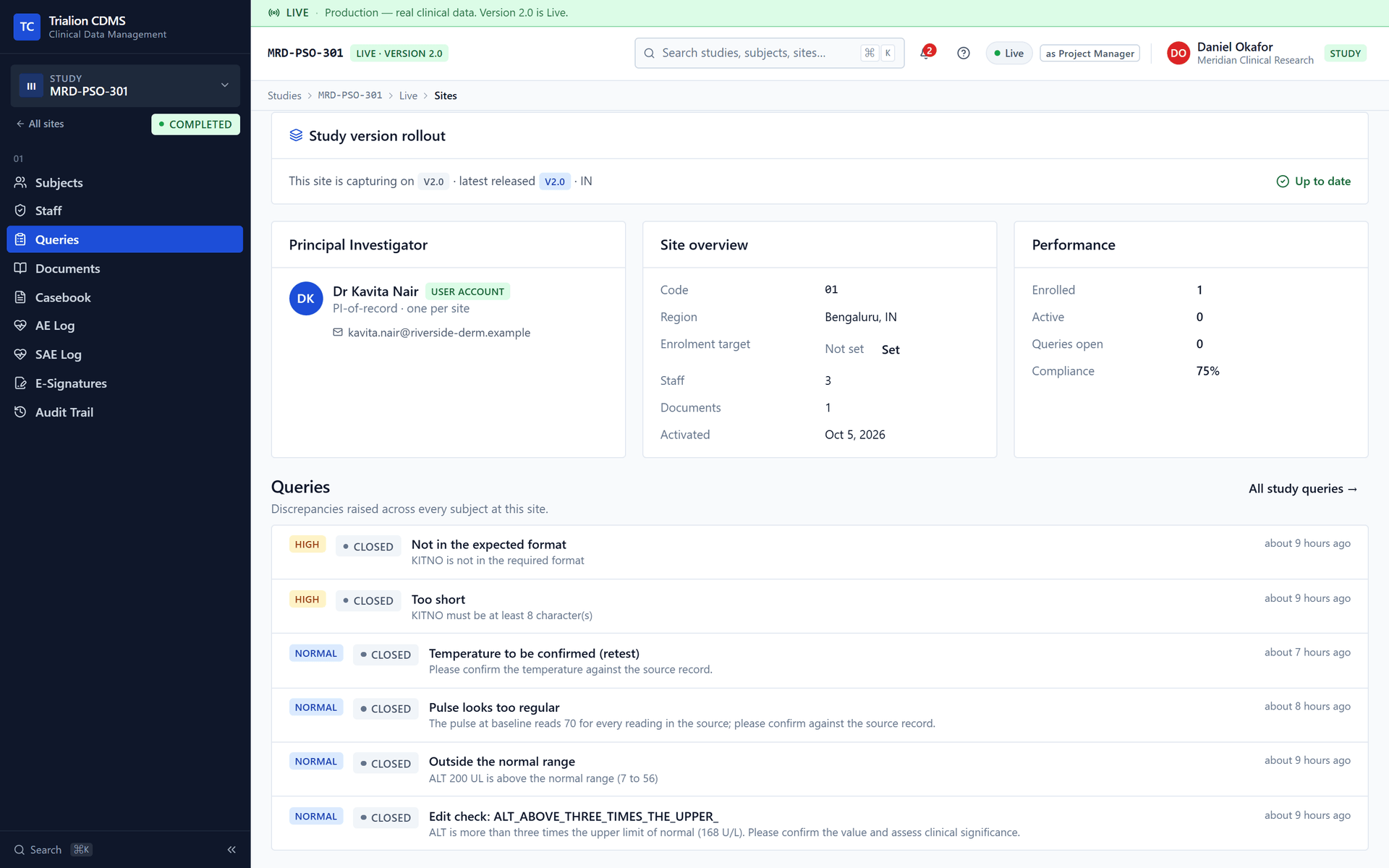 The Queries tab of a site: the discrepancies raised across every subject at the site, with their priority and status, and a link to all study queries.