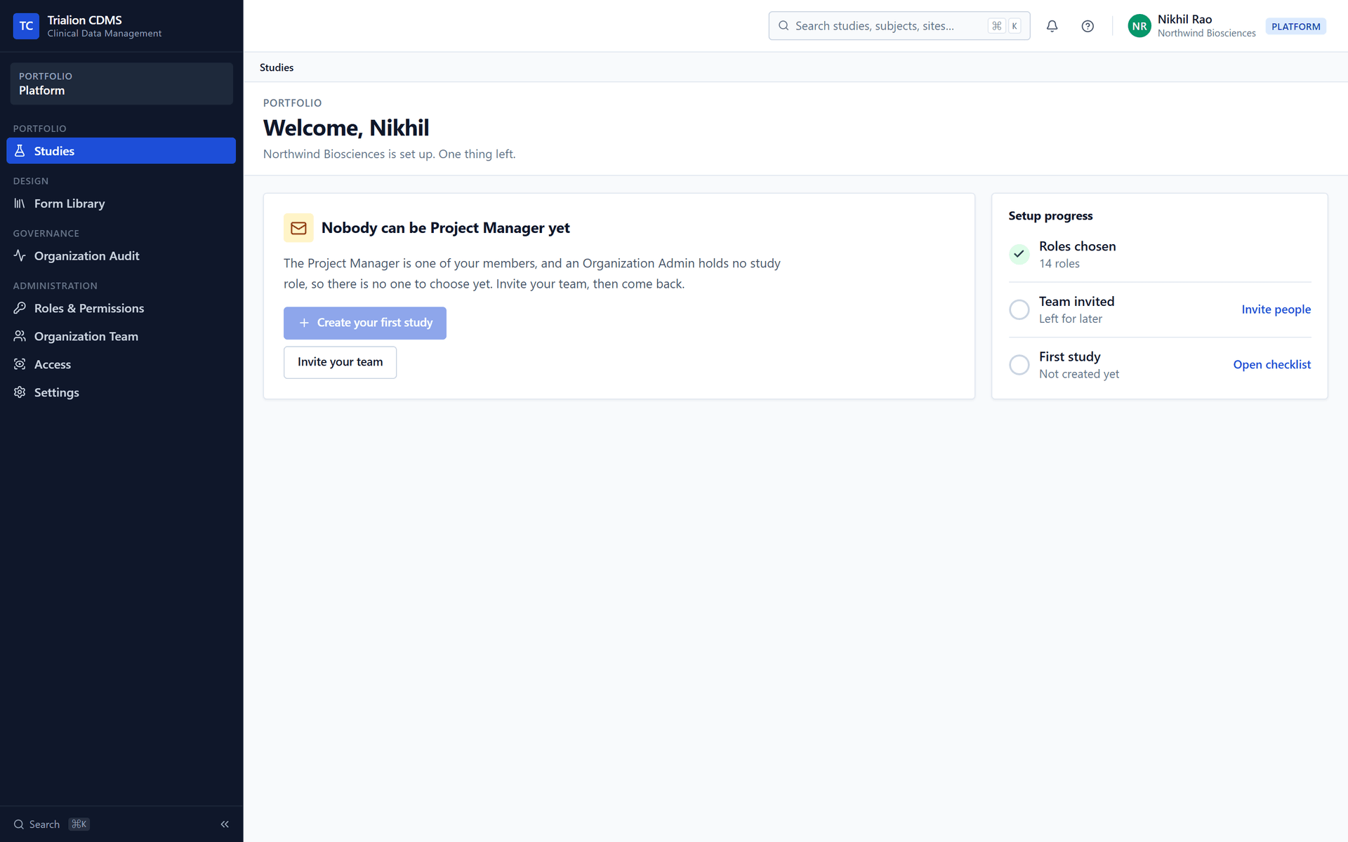 The Studies page of an organization that has chosen its roles but not invited its team: the card says Nobody can be Project Manager yet and offers Invite your team, and the setup progress shows the team step left for later.
