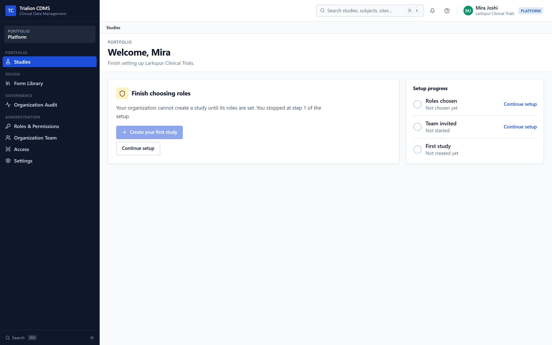 The Studies page of an organization whose setup is not finished, on the administrator's first landing: Finish setting up, the card Finish choosing roles, the setup progress with its three steps and Continue setup.
