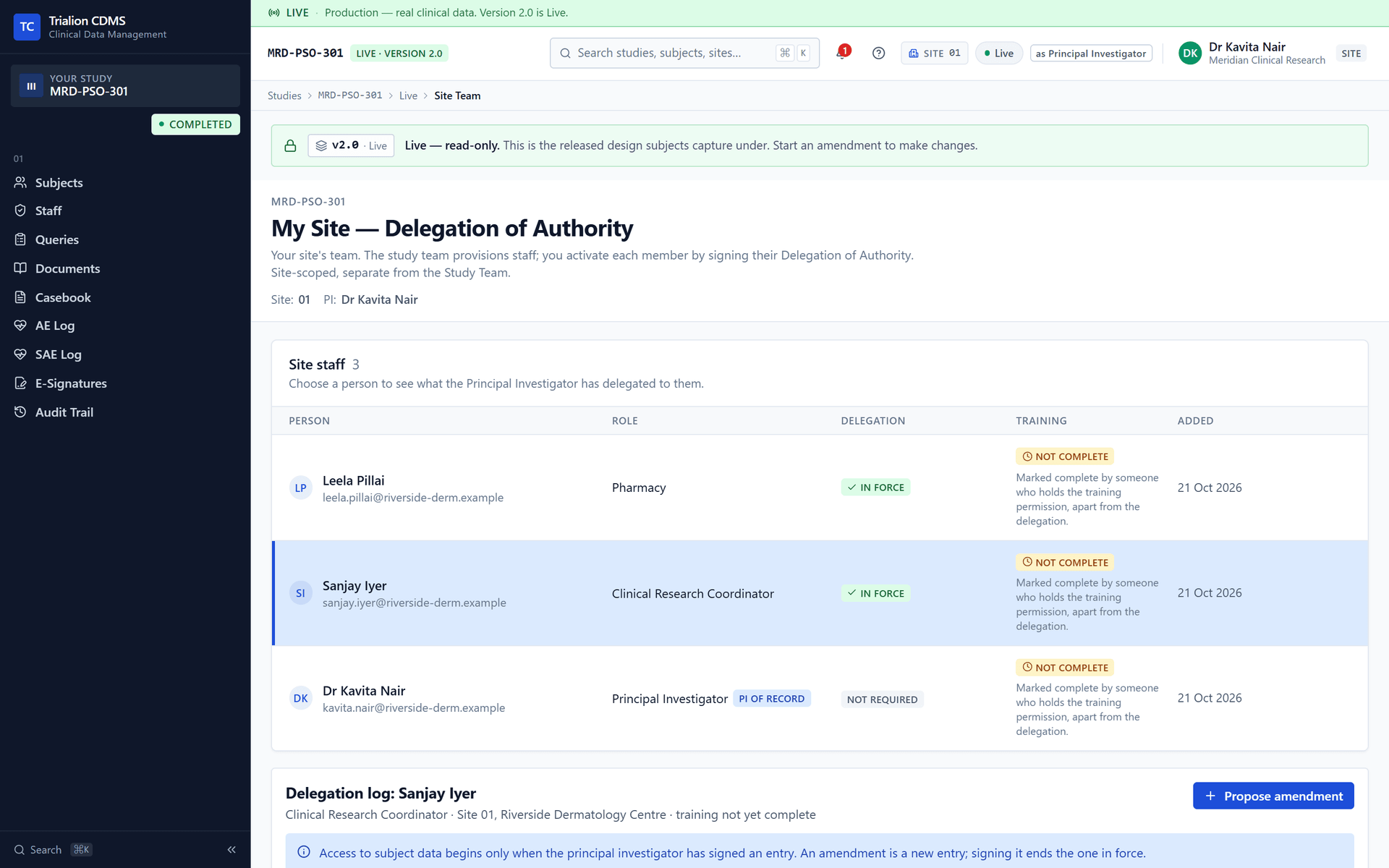 A person of the site team selected: the delegation log below the list changes to that person's, and nothing is signed or changed by choosing them.